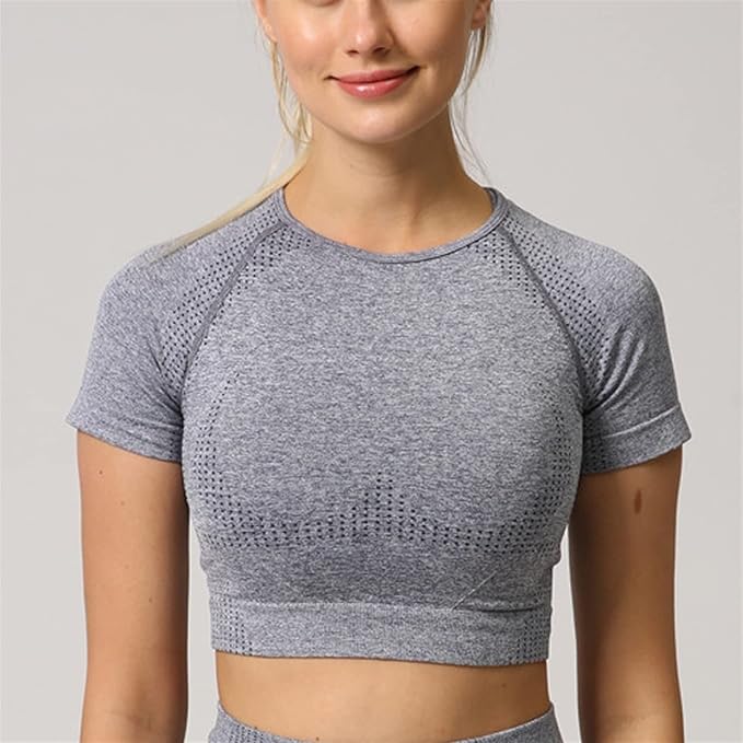 Yoga Set Seamless Women Long Sleeve Blouses Top Gym Sport Bra High Waist Tight Leggings Fitness Suit Shorts Sets (Color : Gray Shirt, Size : Medium)