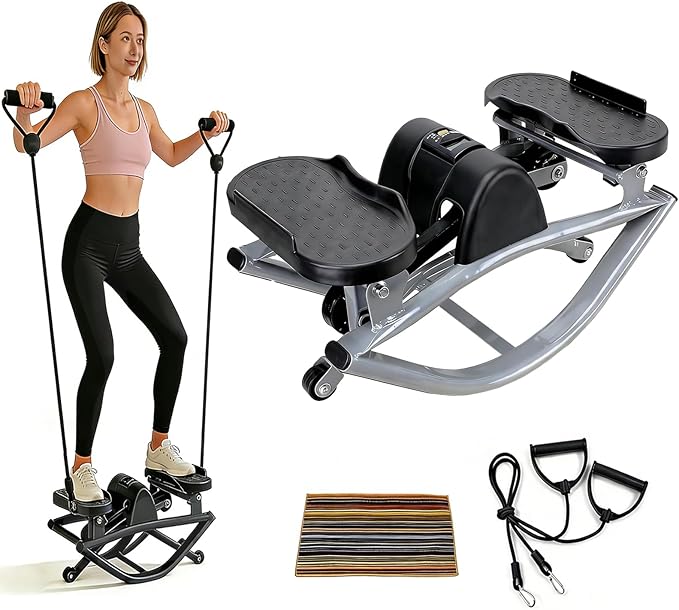 2026 New Rock Stepper Machine with Side to Side Motion and Resistance Bands Compact Stepper for Home Workouts Features Digital Monitor for Steps Time