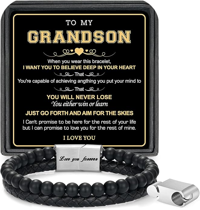 LUXEJEW Gifts for Men - Beaded Leather Bracelet 6mm Matte Agate Stone Bracelets for Men Dad Son Husband Boyfriend Grandpa Grandson Brother Uncle Nephew Adjustable Magnetic Clasp