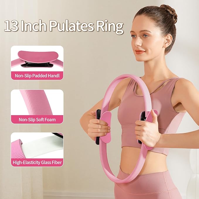 Home Pilates Essentials Kit for Women，Pilates Ring and Ball Magic Circle Booty Bands 8 Resistance Band Toning Fitness Essentials Starter Set Accessories(Pink)