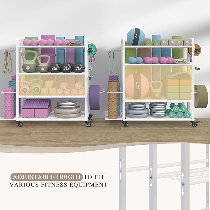 4-Tier Dumbbell Rack Stand Only, Adjustable Weight Rack for Dumbbells Kettlebells Yoga Mat, Home Gym Storage Rack with Wheels and Hooks, Powder Coated Finish