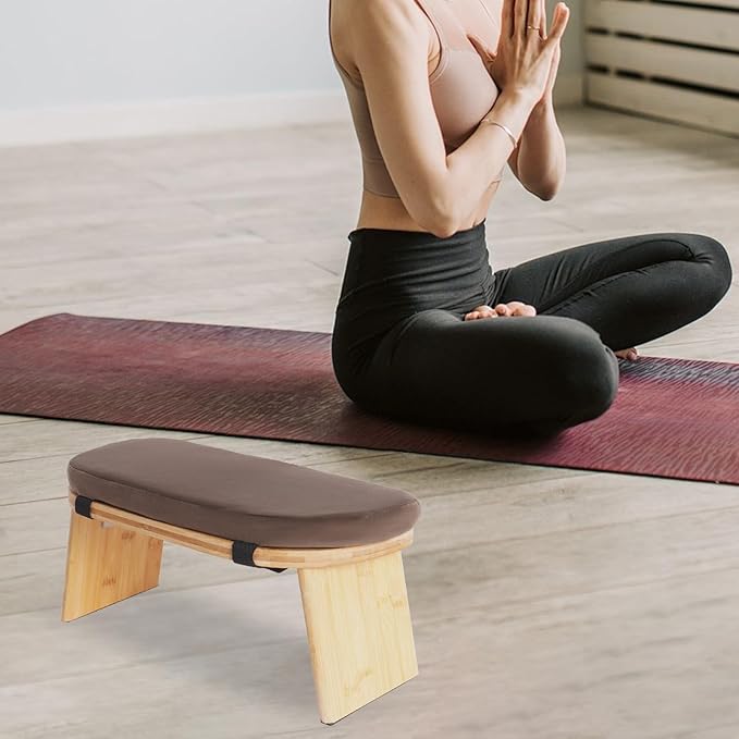Meditation Bench, Portable Bamboo Meditation Bench Ergonomic Meditation Stool Comfortable Folding Kneeling Meditation Bench with Meditation Cushion for Longer Meditation (Coffee)