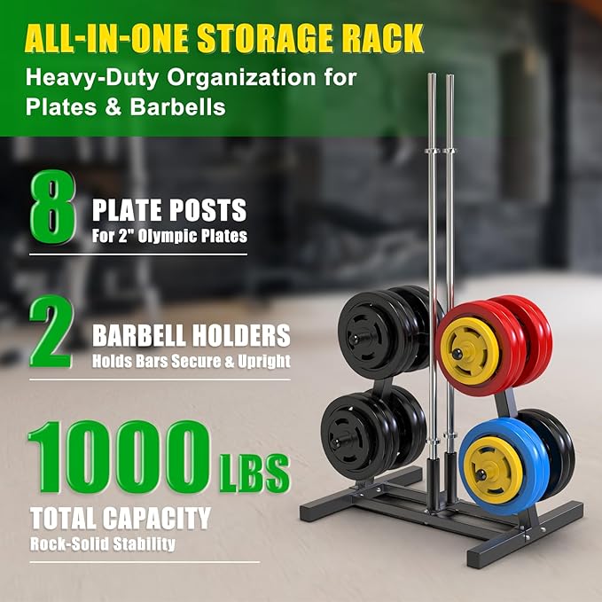SELEWARE Olympic Weight Plate Tree Rack with 8 Weight Pegs & 2 Barbell Holders, Heavy-Duty Steel Gym Storage Organizer with Locking Wheels for 2 Inch Olympic Plates & Bars