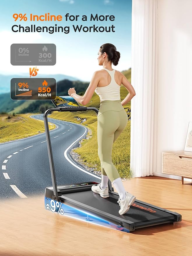 Walking Pad Treadmill with 9% Incline & Dual LED Display, 4 in 1 Foldable Treadmill with Handle bar for Home/Office, 3.5HP Portable Under Desk Treadmills with Magnetic Remote & APP Control
