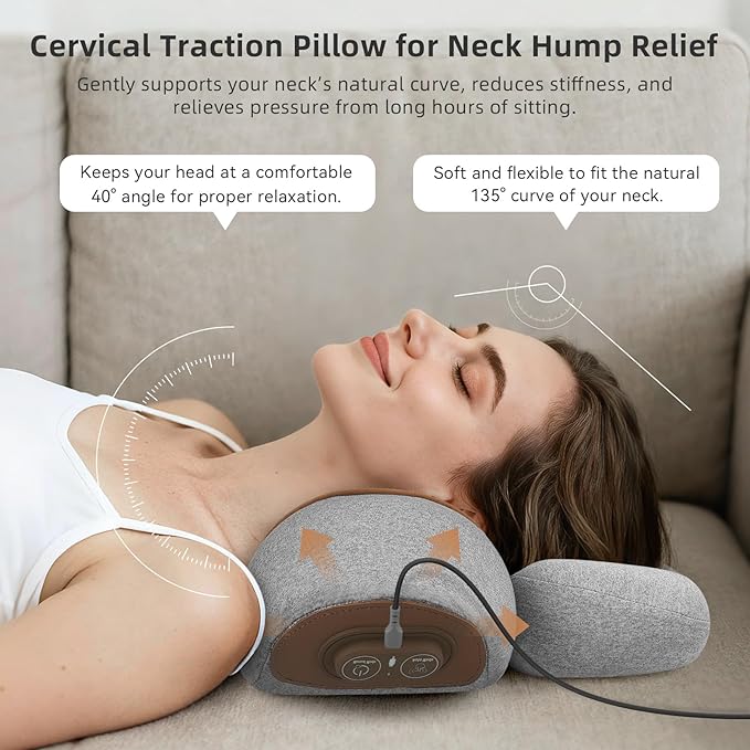 3-in-1 Neck Massager Pillow with Heat, Massage & Stretcher, Traction Massager for Neck Hump, Shoulder & Muscle Relaxation, Pain Relief & Cervical Support, Ideal Gift for Women & Men