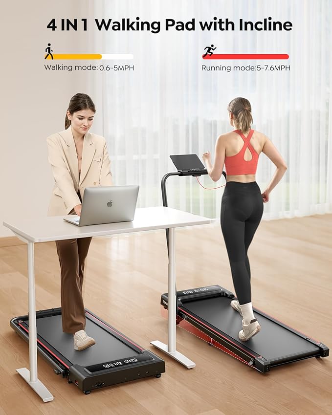 4 in 1 Walking Pad Treadmill with Incline and Handle, 2.5HP with Dual Display and Mute Control, Foldable Under Desk Treadmills for Home with App Bluetooth Folding Treadmill for Small Space