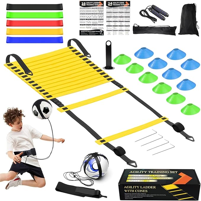 Speed Agility Training Equipment Set, Agility Ladder 20ft, 12 Football Cones, Resistance Parachute/Soccer Kick Trainer, Jump Rope, 5 Resistance Bands, Football Practice Equipment for Kids Adults