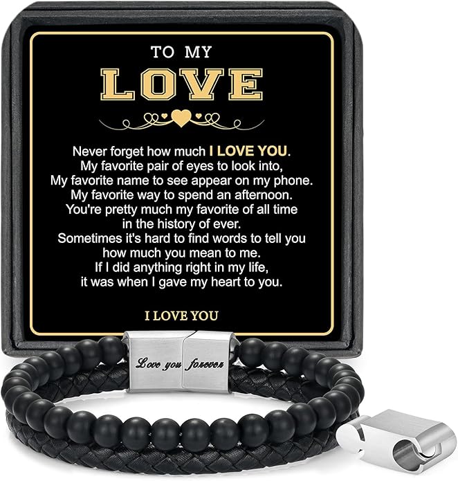 LUXEJEW Gifts for Men - Beaded Leather Bracelet 6mm Matte Agate Stone Bracelets for Men Dad Son Husband Boyfriend Grandpa Grandson Brother Uncle Nephew Adjustable Magnetic Clasp