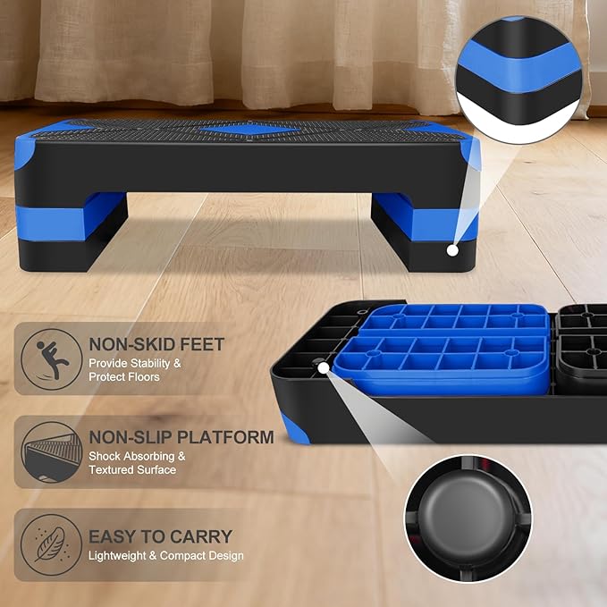 MIUDGIG 27" Exercise Workout Aerobic Step Platform Trainer, Adjustable Fitness 4-6-8in Exercise Stepper Workout with 4 Risers, Aerobics Stepper Workout Stepper for Home Gym Cardio Strength & Training