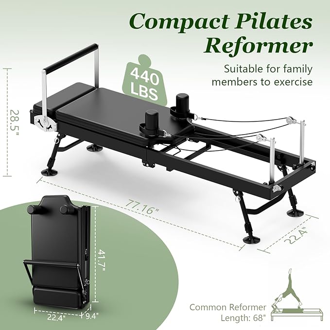 Pilates Reformer, Foldable Reformer Pilates Machine with Adjustable Reformer Heights, Up to 440 LBS Weight Capacity Suitable for Home Use and Studio, Advanced and Beginners Users