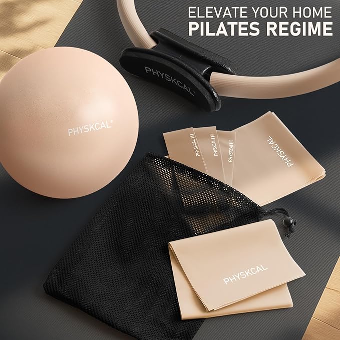 Pilates Kit, 15-Inch Pilates Ring with 1x Core Ball, 3X Resistant Loops and 2X Flex Bands, Home Pilates Equipment Set and Mat Pilates Essential Kit