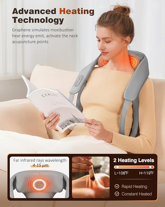 Neck and Shoulder Massager with Heat, Cordless Back and Neck Massager, Upgraded Graphene Heating, 4D Shiatsu Deep Kneading Massage for Shoulder, Back Pain Relief, Gifts for Dad Mom Friend (Gray)