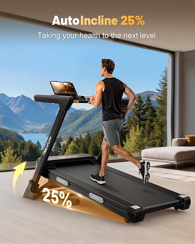 Treadmill with 0-25% Auto Incline, 3.5 HP Folding for Home Running, 10.0 MPH Max Speed, 300 lbs Weight Capacity, Bluetooth Speaker.