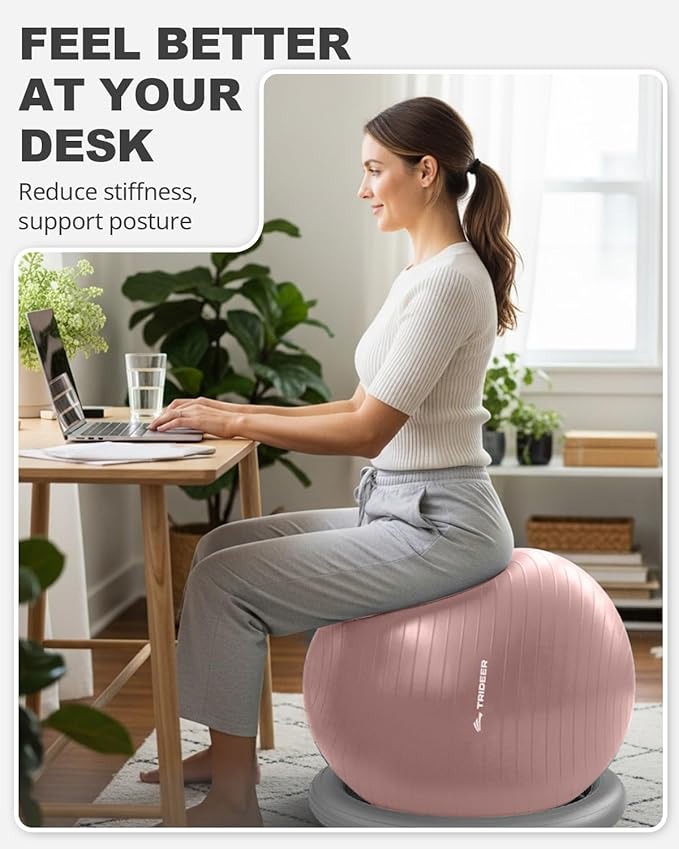 Trideer Exercise Ball for Office Desk, Yoga Ball Chair to Relieve Back Pain, Stability & Fitness Ball Seat with Base, Home Gym Core Workout, Abs, Stretching & Therapy
