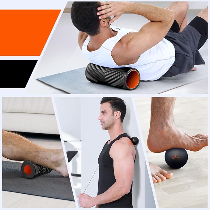 Sportneer 4 in 1 Foam Set, Muscle Relax Kit with 2 Textured Foam Rollers, Stringed Exercise Ball, Lacrosse Ball for Muscle Shoulder Back Leg Whole Body Relax Fitness Yoga
