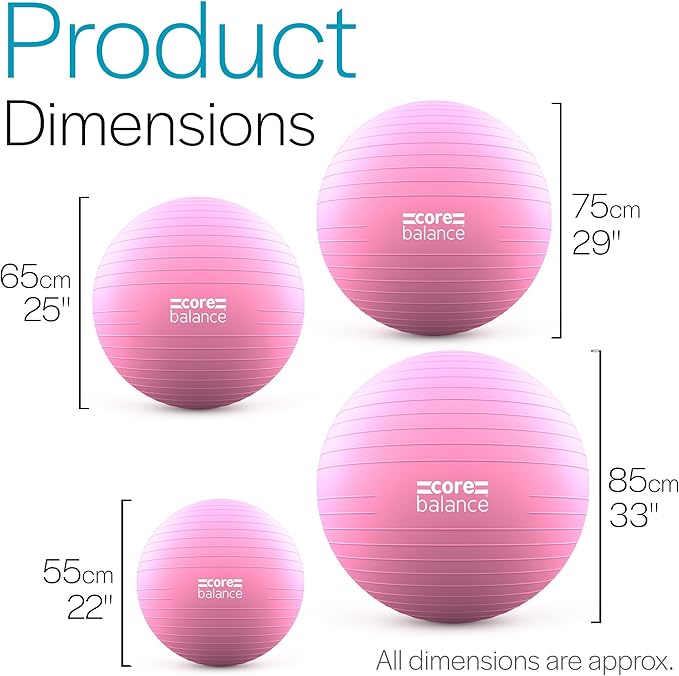 Core Balance Exercise Ball, Stability Ball for Yoga, Pilates and Fitness, Gym Ball for Home Gym and Office Chair, Training, Physical Therapy, Anti Burst, Pump Included, 55cm 65cm 75cm 85cm