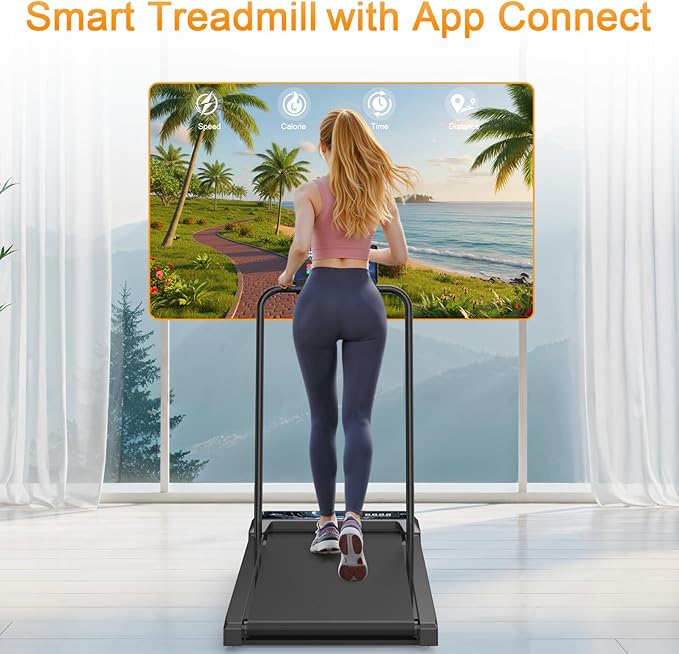 Treadmills for Home Small with 0%-8% Incline and APP Sync, Compact Under Desk Walking Treadmill Pad with Handle Bar Removable, Remote Control and LED Display, 2.5HP