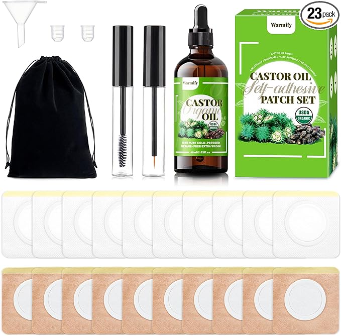 20 Pcs Castor Oil Patches with Organic Cold-Pressed Castor Oil (2.03oz) in Glass Bottle, Cotton Pack for Joints & Belly, Self-Adhesive & Disposable - Bonus Eyelash Care Kit