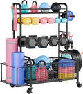 Yes4All Dumbbell Rack, Weight Rack for Home Gym, Sports Equipment Organizer for Dumbbells Kettlebells Yoga Mat Foam Roller and Balls, All in One Gym Workout Storage with Wheels and Hooks