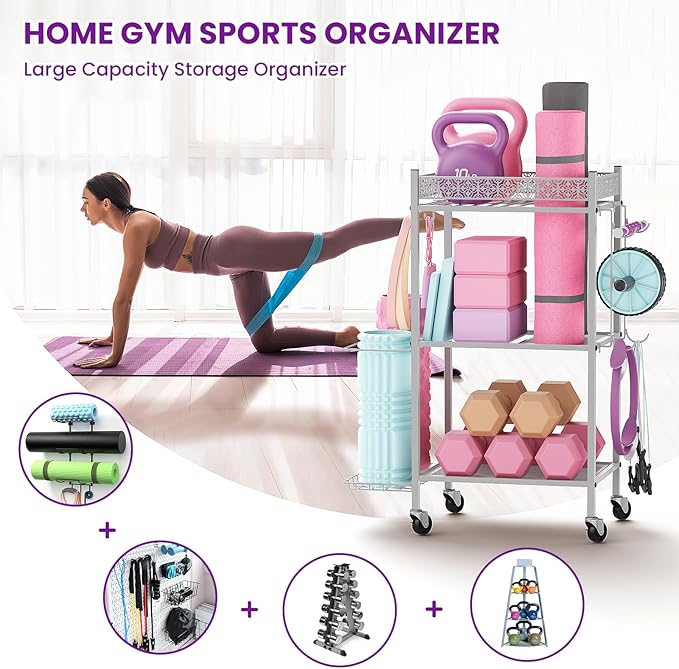 Yoga Mat Storage Rack, Home Gym Storage Rack, VOPEAK Workout Storage for Yoga Mat, Foam Roller, Gym Organizer Gym Equipment Storage for Home Exercise and Fitness Gear
