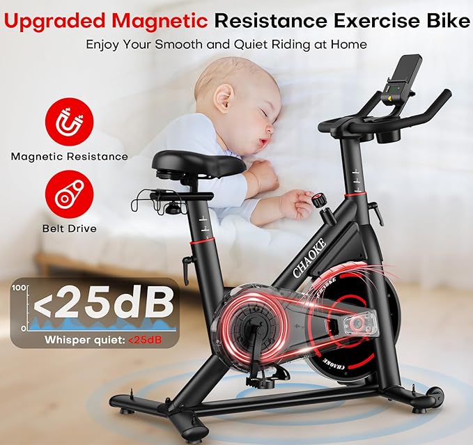 CHAOKE Exercise Bike, Quiet Adjustable Magnetic Stationary Bike for Home Cardio with App Compatible, 350LB Weight Capacity Indoor Cycling Bike with Large Seat, Dumbbell Rack, Pull Cords & LCD Display