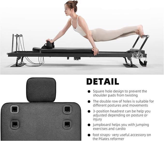 Pilates Reformer for Home Use,AMSINA Foldable Pilates Machine with Headrest & Jumpboard , Pilates Home Equipment with Foot Straps