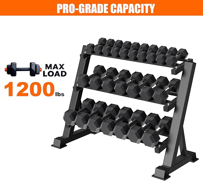 3 Tier Dumbbell Rack, 1200LBS Heavy Duty Weight Rack for Home Gym, Adjustable Storage Organizer for Free Weights, Quick & Easy Assembly, Dumbbell Rack Stand Only