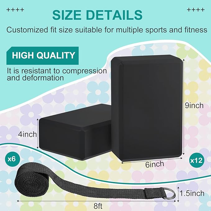Meooeck 18 Pcs Yoga Blocks and Strap Set Include 12 EVA Foam Yoga Blocks Bulk 9"x6"x3" with 6 Adjustable 8 ft Straps D Ring Non Slip Props for Stretching Pilates Workout Studio Home Gym