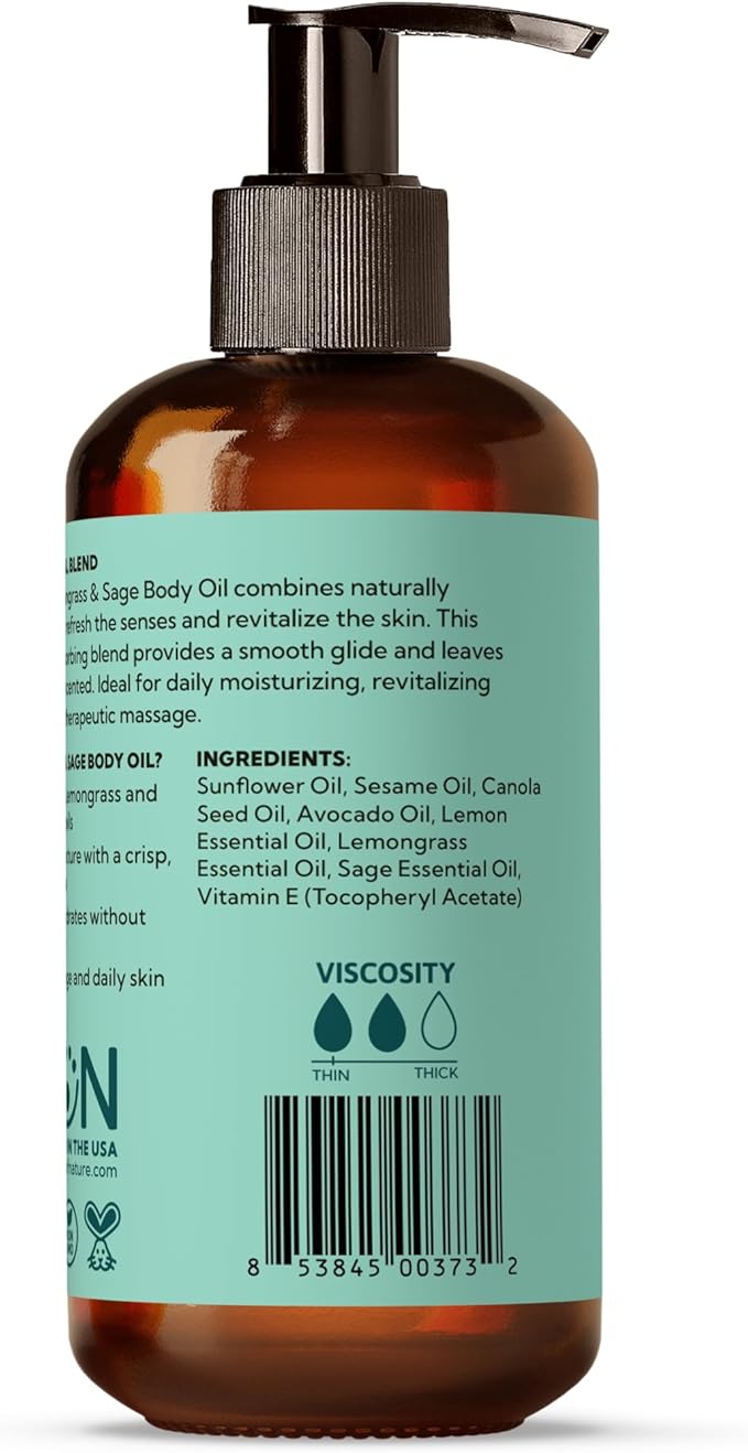 Best of Nature Lemongrass and Sage Massage Oil Blend - Non-Greasy Aromatherapy Massage Oil for Body, Skin & Face, Crafted with Pure Essential Oils (8 fl oz)