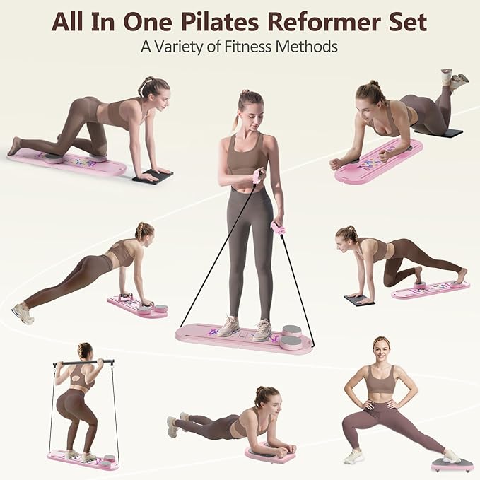 Pilates Board Pilates Reformer Set, Multifunctional Pilates Board for Home Workout, Foldable Abs Core Trainer Board,Pilates Board for Women, Men & Beginners for Full-Body Workouts Pink