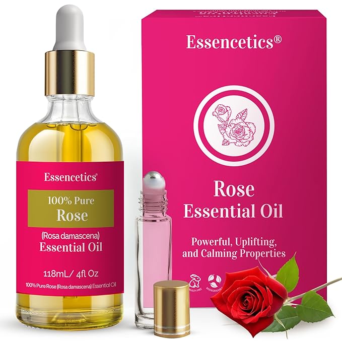 Rose Essential Oil 4 Oz - 100% Natural - Infused with Olive & Sunflower Oils - Organic Rose Oil for Skin, Soap Making, Candle Making, Diffuser, & Aromatherapy