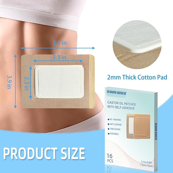 16 Pcs Castor Oil Patches, Disposable Portable Castor Oil Packs Patches with Anti Leakage Cotton for Belly/Arm/Neck (Oils Not Included), 5.1" x 3.9"