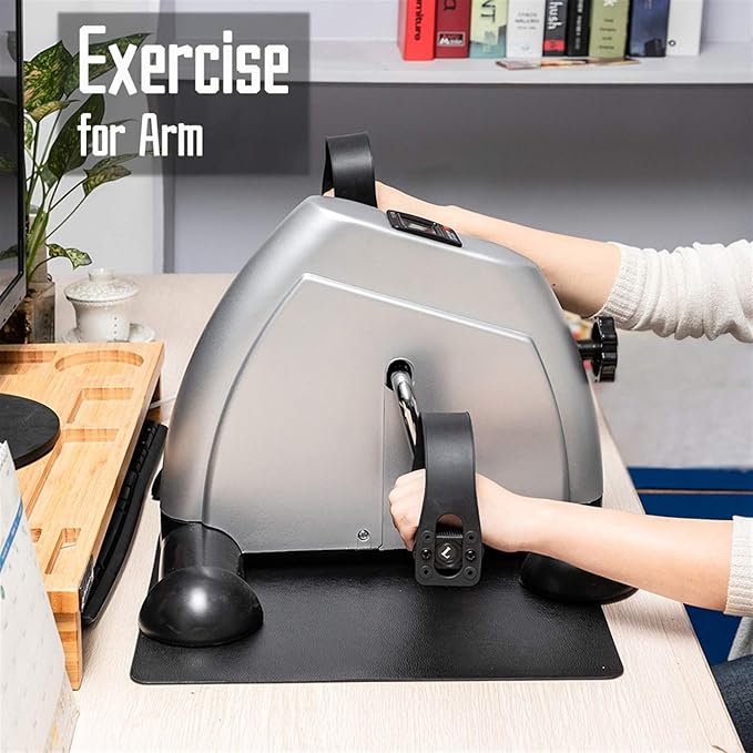 Mini Exercise Bike Pedal Exerciser for Arms & Legs, Portable Under Desk Bike with LCD Monitor, Adjustable Resistance Home Office Fitness Trainer, Compact Hand & Foot Cycle – Silver