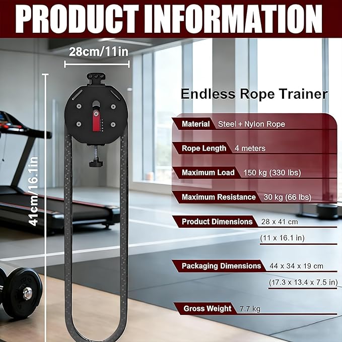 Endless Rope Trainer | Adjustable Resistance Trainer Machine | Suspension Endless Rope Pulley System| Closed-Loop Nylon Rope | Home Gym Infinity Rope for Interval Resistance Training(Red)