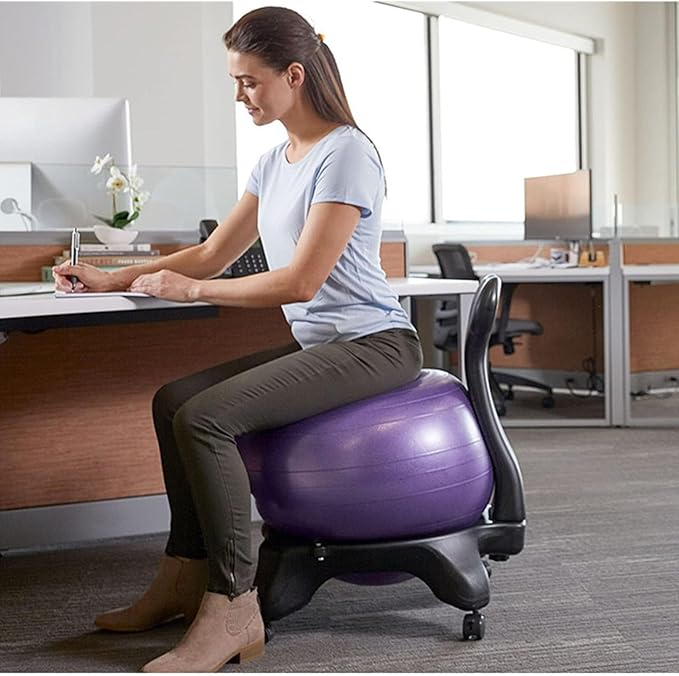 Sports Exercise Ball Chair with Included Hand Air Pump, Balance Ball Chair with Wheels and Back Support, Purple Yoga Ball Chair for Home and Office