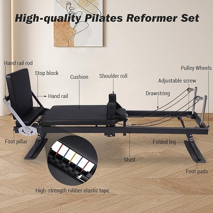 Foldable Pilates Equipment for Home Workouts, Pilates Reformer Machine for Home Gym, Pilates Exercise Equipment with Jump Board, Color Cords Set of 2