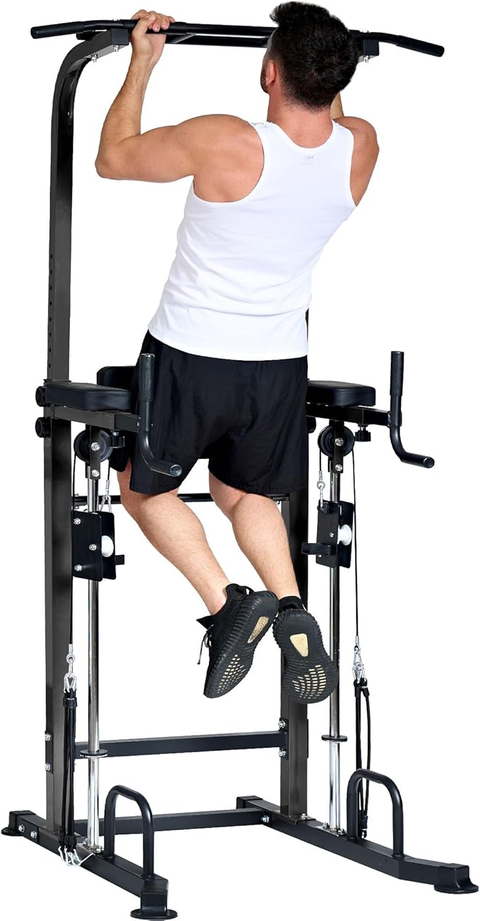 soges Power Tower Dip Station with Assisted Pad, Height Adjustable Pull Up Bar Station for Home Gym, Multi-Function Strength Training Full Body Workout Equipment, 330 Lbs, Black