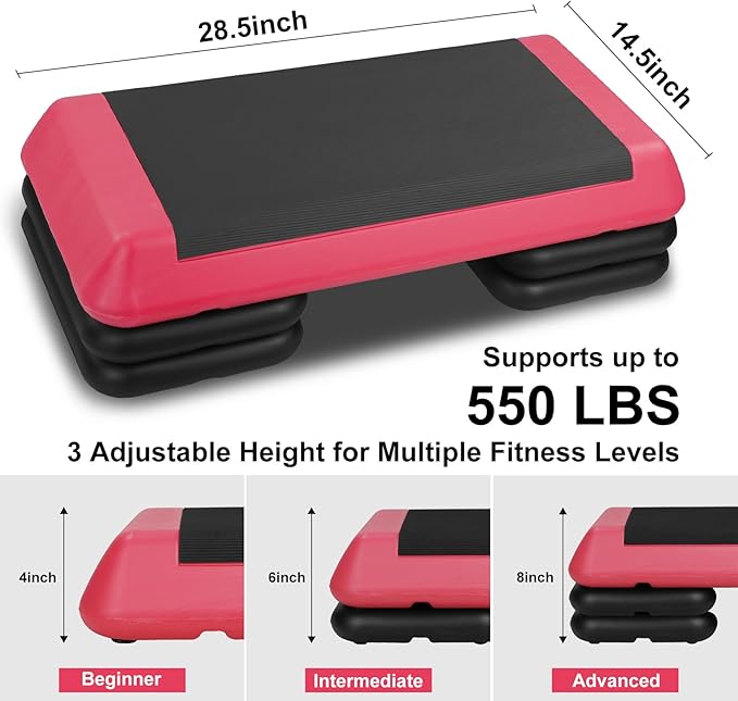 4''-6''-8''Adjustable Aerobic Stepper w/4 Risers Health Workout Step Platform for Sports & Fitness