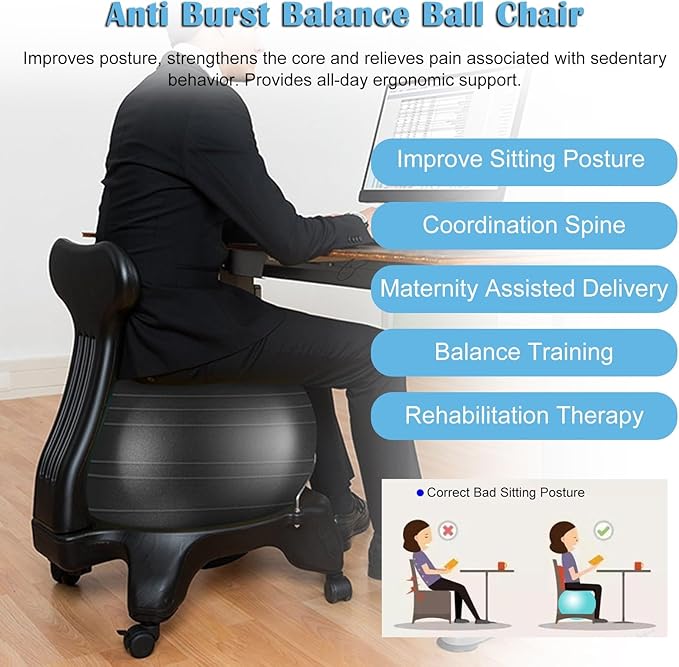 Exercise Ball Chair with Back Support, Black Office Home Yoga Ball Chair for Adults Disabled Pregnancy Balance Fitness Exercise, Ergonomic Anti-Burst Ball Rollling Stool