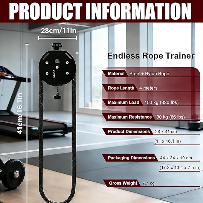 Endless Rope Trainer | Adjustable Resistance Trainer Machine | Suspension Endless Rope Pulley System| Closed-Loop Nylon Rope | Home Gym Infinity Rope for Interval Resistance Training(Black)