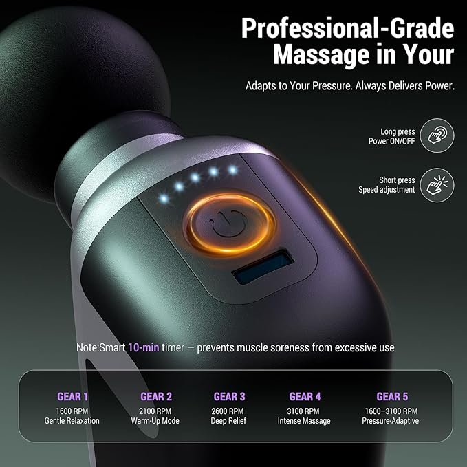 Mini Massage Gun with 10 Massage Heads, Percussion Deep Tissues Handheld Muscle Massager, 8mm Amplitude High-Intensity Massager Gun for Pain Relief for Office Gifts for Her, Home, Athletes