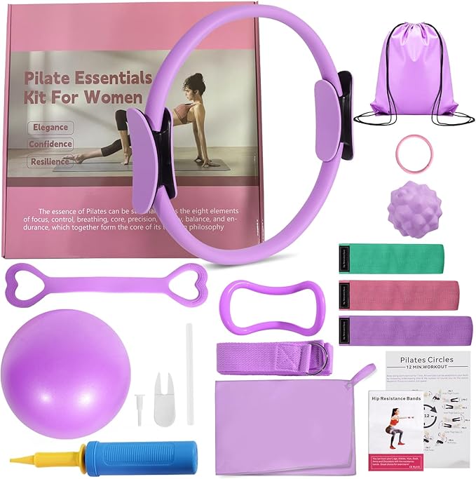 Pilates Ring Set with Resistance Bands– Anti-Slip Magic Circle Pilates Ring for Home Workouts, Full-Body Toning, Strength Training for Women 14PCS