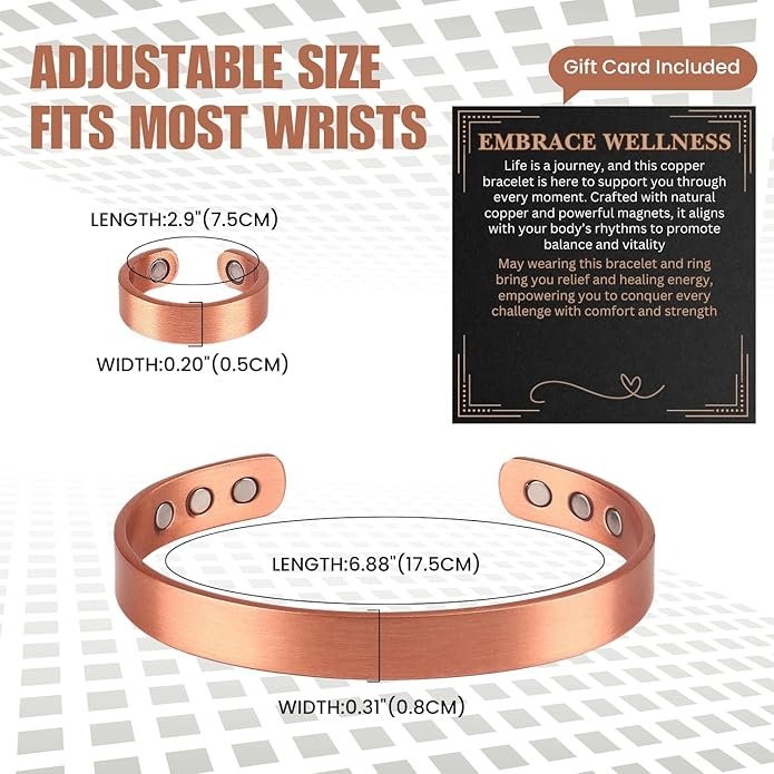 Copper Bracelet for Men and Women, Strength Mens Magnetic Copper Bracelets with 3,800 Gauss Magnets, 99.99% Pure Solid Copper, Handmade Copper Jewelry Gift