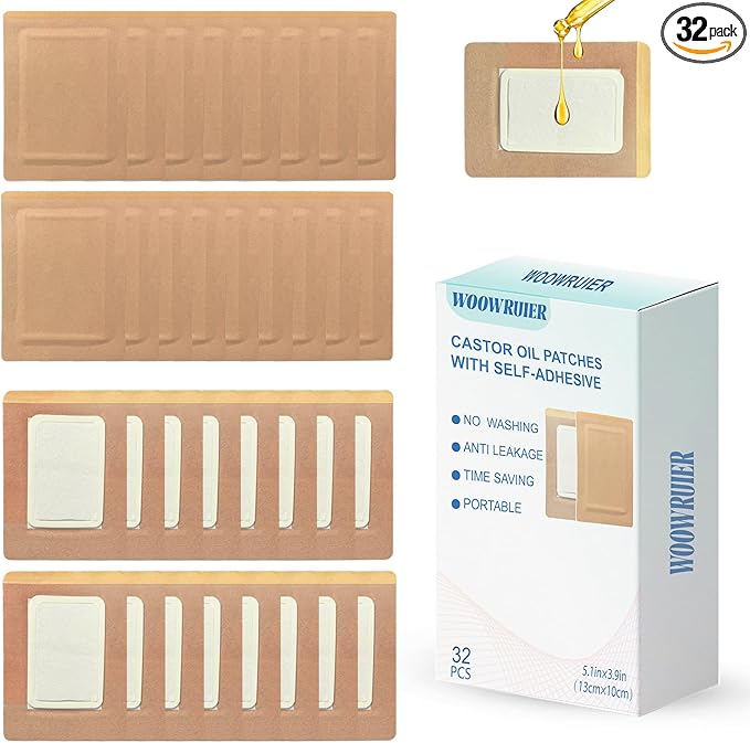 32 Pcs Castor Oil Patches, Disposable Portable Castor Oil Packs with Anti Leakage Cotton for Belly/Feet/Knee (Oils Not Included), 5.1" x 3.9"