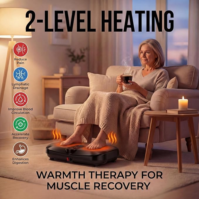 Vibration Plate Exercise Machine for Lymphatic Drainage & Weight Loss, Heated Vibrating Platform Full Body Workout Equipment, 440lb Capacity Home Gym Shaker Board with Bluetooth & Resistance Bands