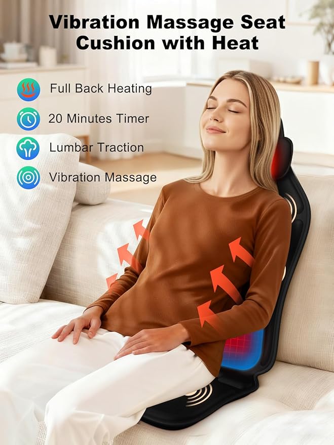 Vibration Back Massager with Heat, Massage Chair Pad for Recliner with 2 Heating Levels & 6 Vibration, Seat Cushion for Seniors, Office Workers, Fatigue & Pain Relief in Office, Home Use