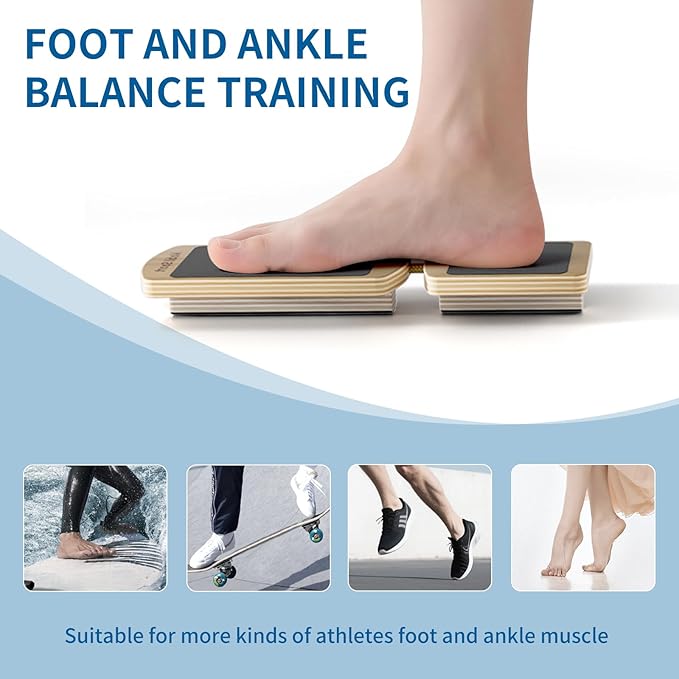 Ankle Balance Board for Plantar Fasciitis & Achilles - Wooden Single Leg Foot Strengthener & Stability Trainer for Office Desk, Rehab & Runners - 16-Exercise Guide & Bag