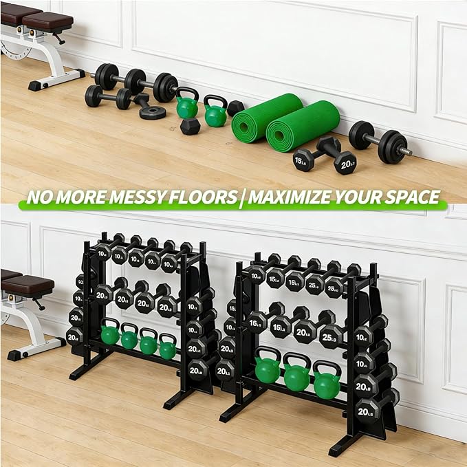 Heavy Duty Dumbbell Rack, Double-Side Extension Holder for Dumbbells & Kettlebells Home Gym Storage Rack