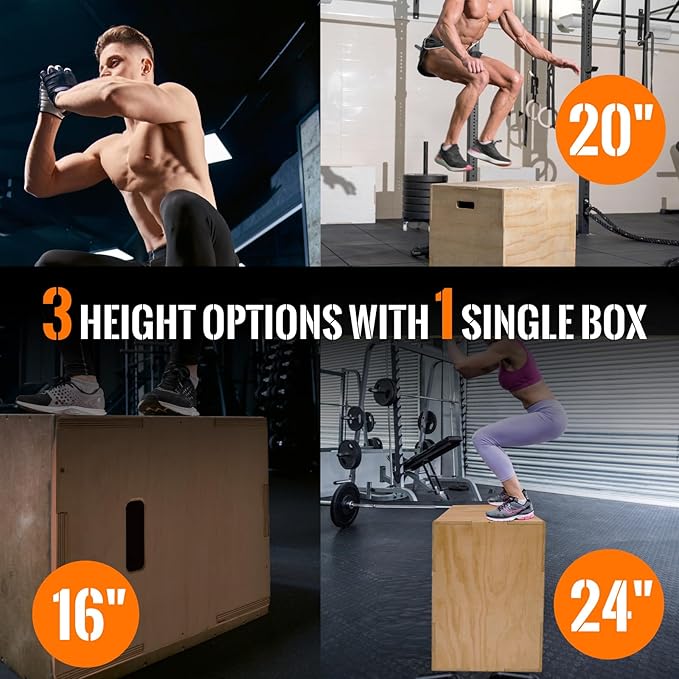 CAELUM 3-in-1 Wood Plyo Box - Non-Slip Plyometric Jump Box for Home & Gym, 400lbs Bearing Fitness Launch Box for Jumping Squats Step-ups Strength Training