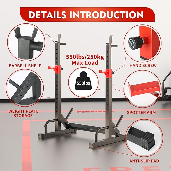 FONBEAR Adjustable Squat Rack, Barbell Rack, Bench Press 550 LBS Max Load Multi-Function Home Gym Weight Lifting Dumbbell Racks Stands - Great for Beginners and Professional Use